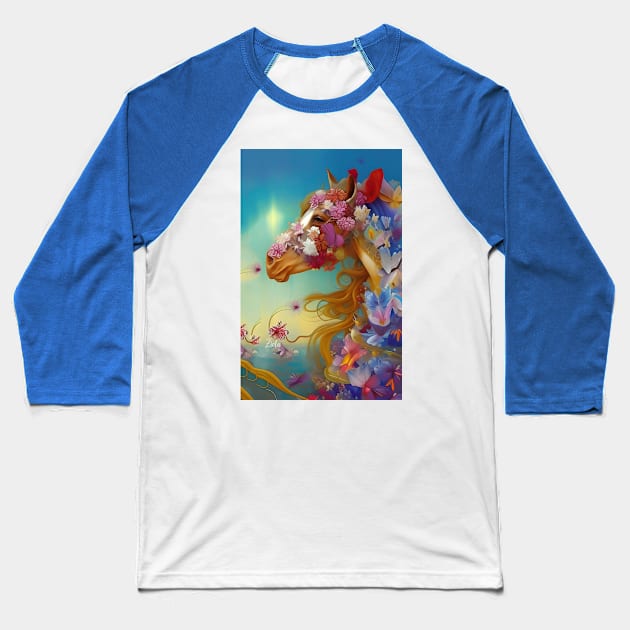 Pretty Flowers Botanical Dreamy Surreal Butterflies Cute Horse Baseball T-Shirt by ZiolaRosa